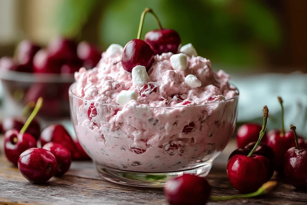 sugar-free cherry fluff in glass bowl with cherries and marshmallows