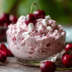 sugar-free cherry fluff in glass bowl with cherries and marshmallows