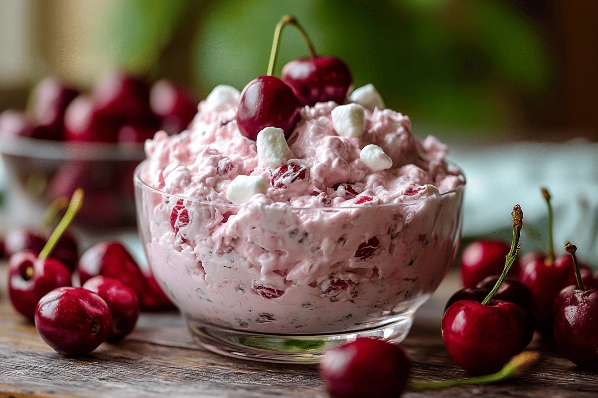 sugar-free cherry fluff in glass bowl with cherries and marshmallows