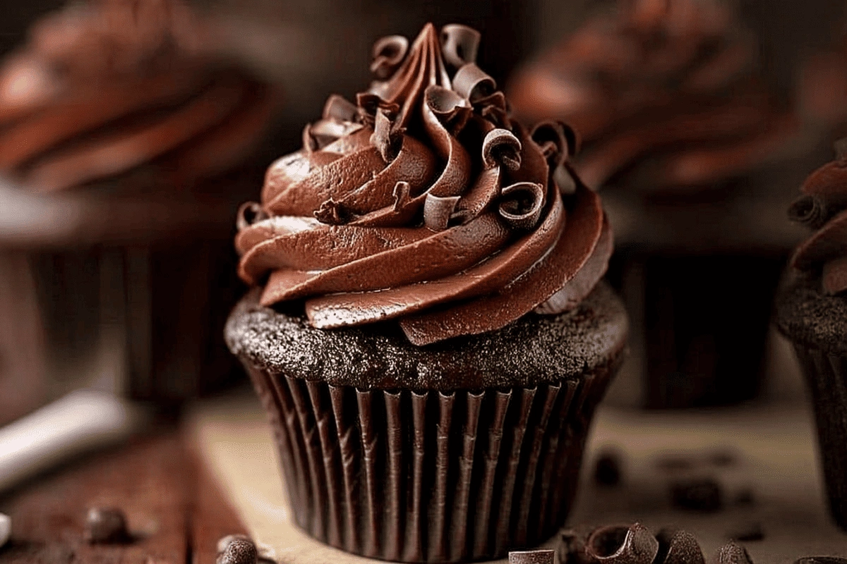 Super moist chocolate cupcake with creamy chocolate frosting swirl and curls