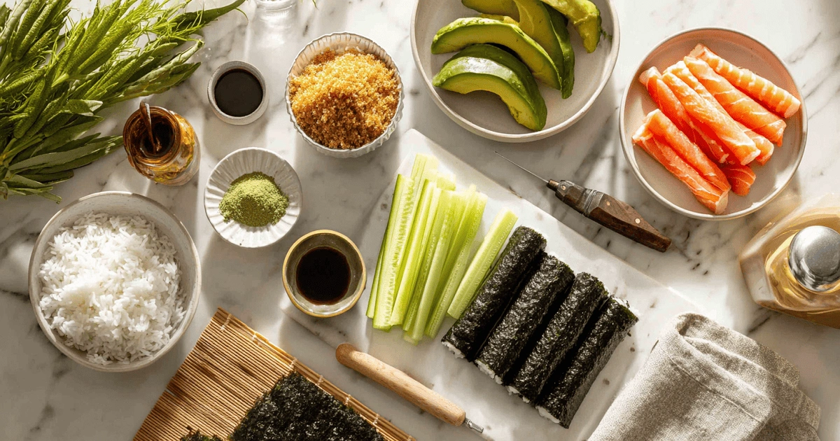Ingredients for homemade California crunch roll sushi including rice, nori, crab, avocado, cucumber, and sauces