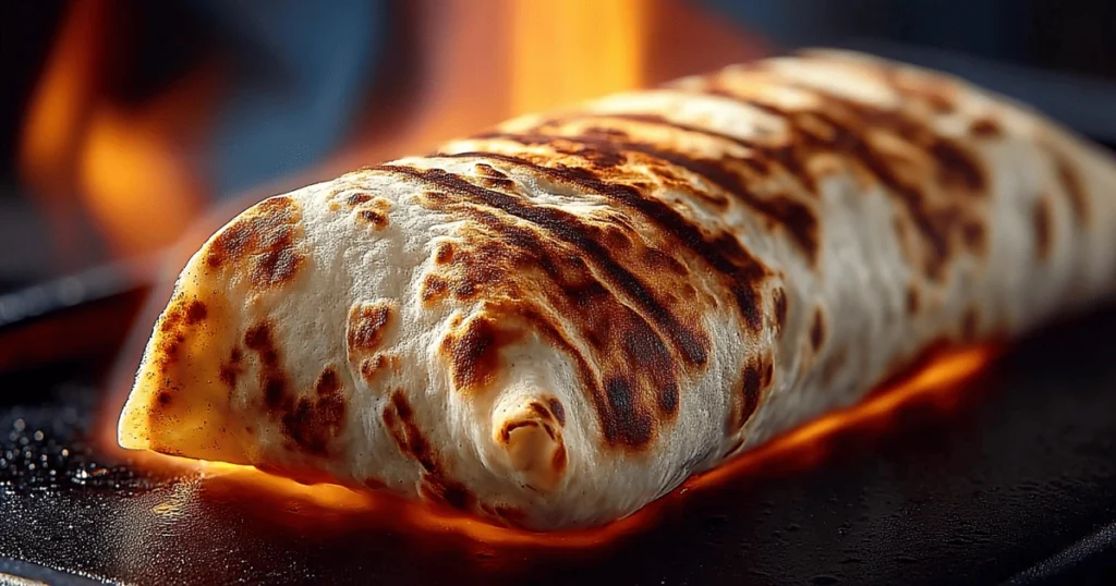 toasting chicken avocado burrito in pan
