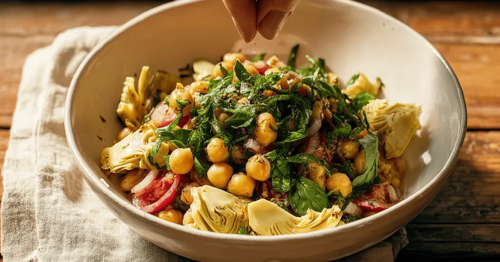 Hand tossing Tuscan artichoke tomato salad with fresh herbs, chickpeas, artichoke hearts, red onions, and vinaigrette in a white bowl
