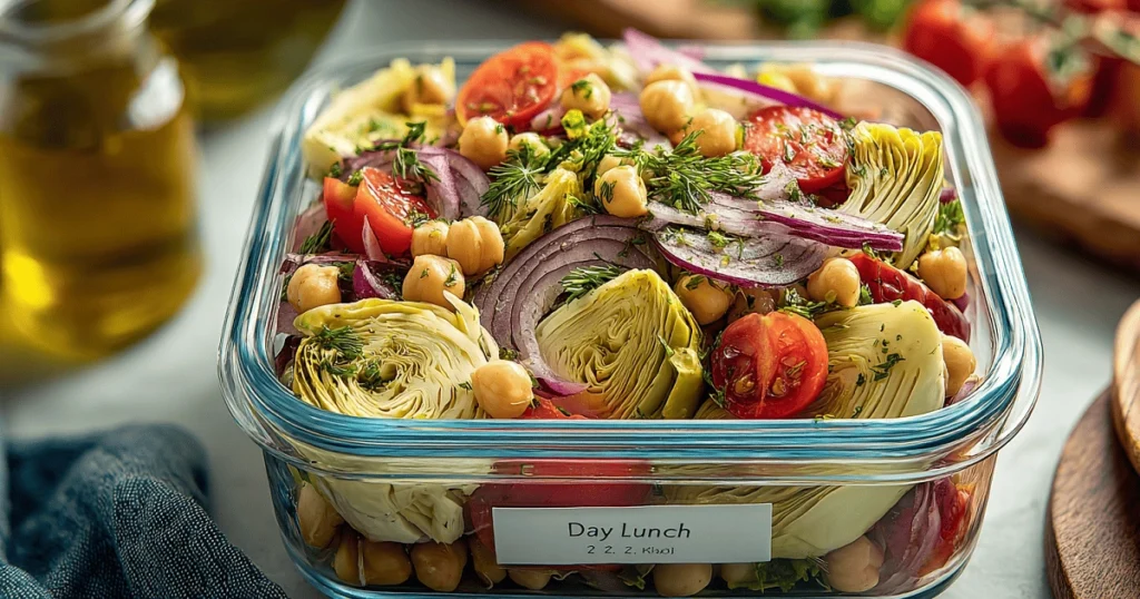 Tuscan artichoke tomato salad with chickpeas, red onion, and herbs stored in a clear glass meal prep container labeled day lunch