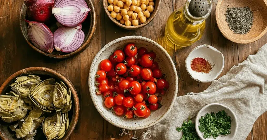 Flat lay of ingredients for Tuscan artichoke tomato salad including cherry tomatoes, marinated artichokes, chickpeas, red onions, olive oil, and herbs on rustic wood background
