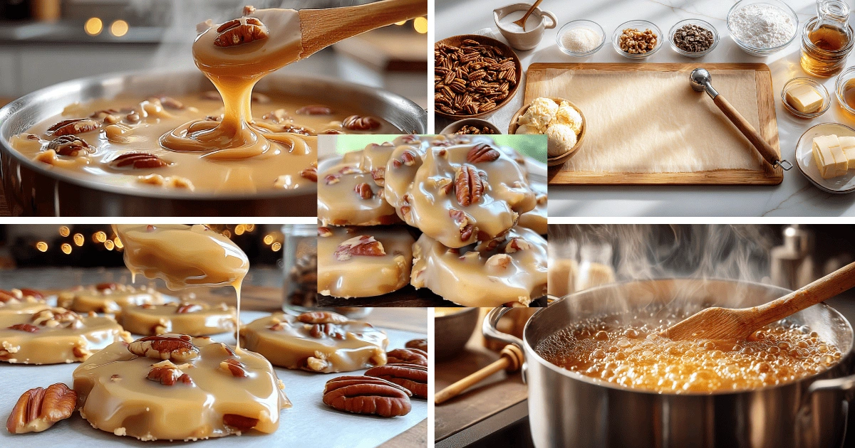 Collage showing the cooking process of vanilla pecan pralines from ingredients to boiling sugar mixture and dropping pralines onto parchment