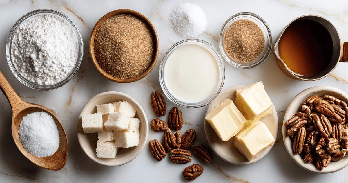 Overhead view of ingredients for vanilla pecan pralines including sugar, brown sugar, butter, cream, and pecans
