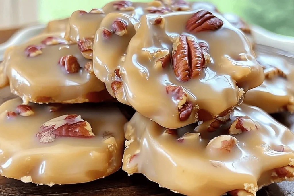 Close-up of creamy vanilla pecan pralines with glossy texture and toasted pecans on top