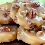 Close-up of creamy vanilla pecan pralines with glossy texture and toasted pecans on top