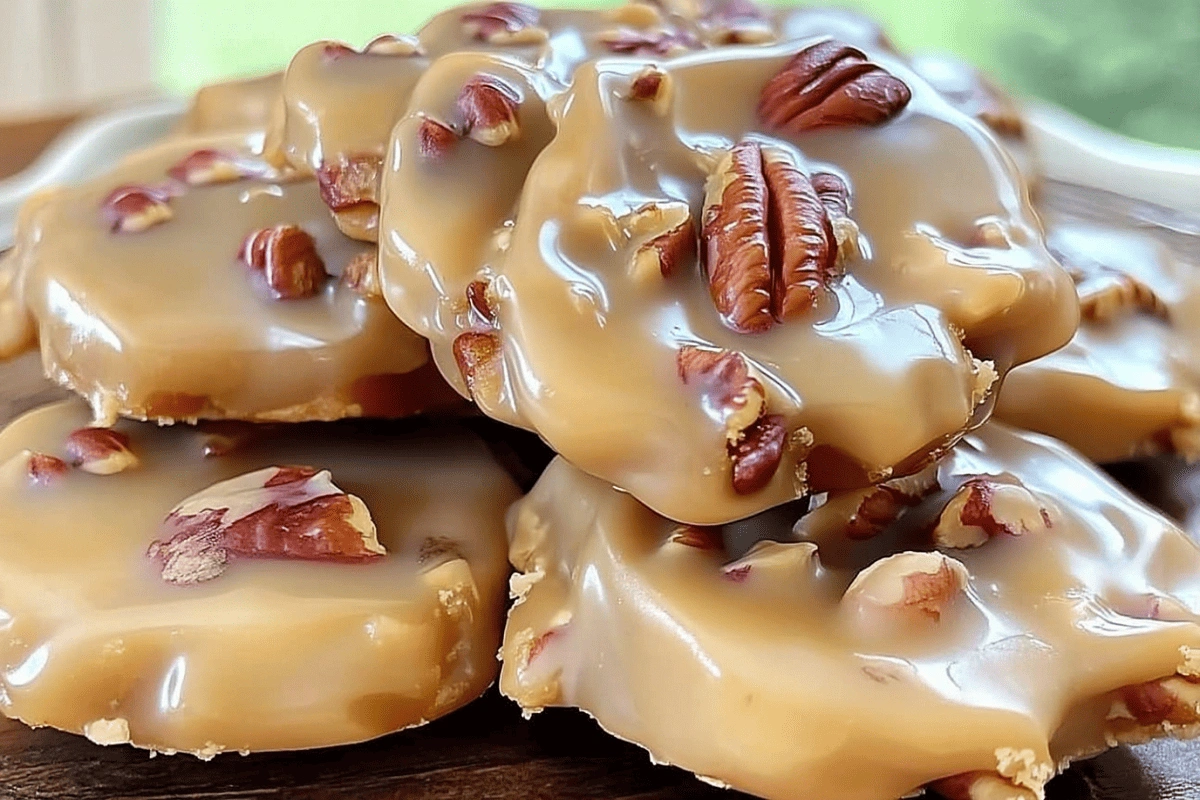 Close-up of creamy vanilla pecan pralines with glossy texture and toasted pecans on top