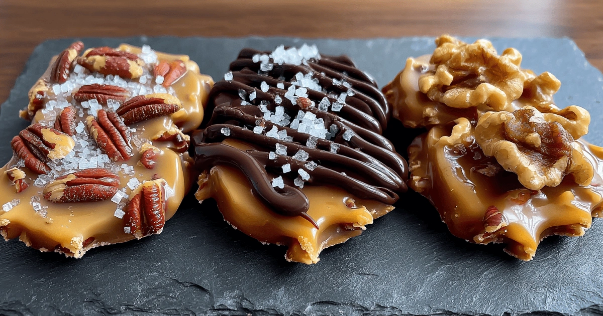 Three variations of vanilla pecan pralines including salted pecan, chocolate drizzle, and walnut pralines on a slate board