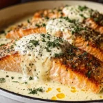 Baked Boursin Salmon fillets topped with creamy garlic herb sauce