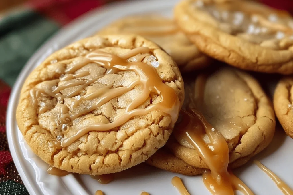 Close-up of chewy brown sugar cookies drizzled with caramel sauce
