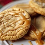 Close-up of chewy brown sugar cookies drizzled with caramel sauce
