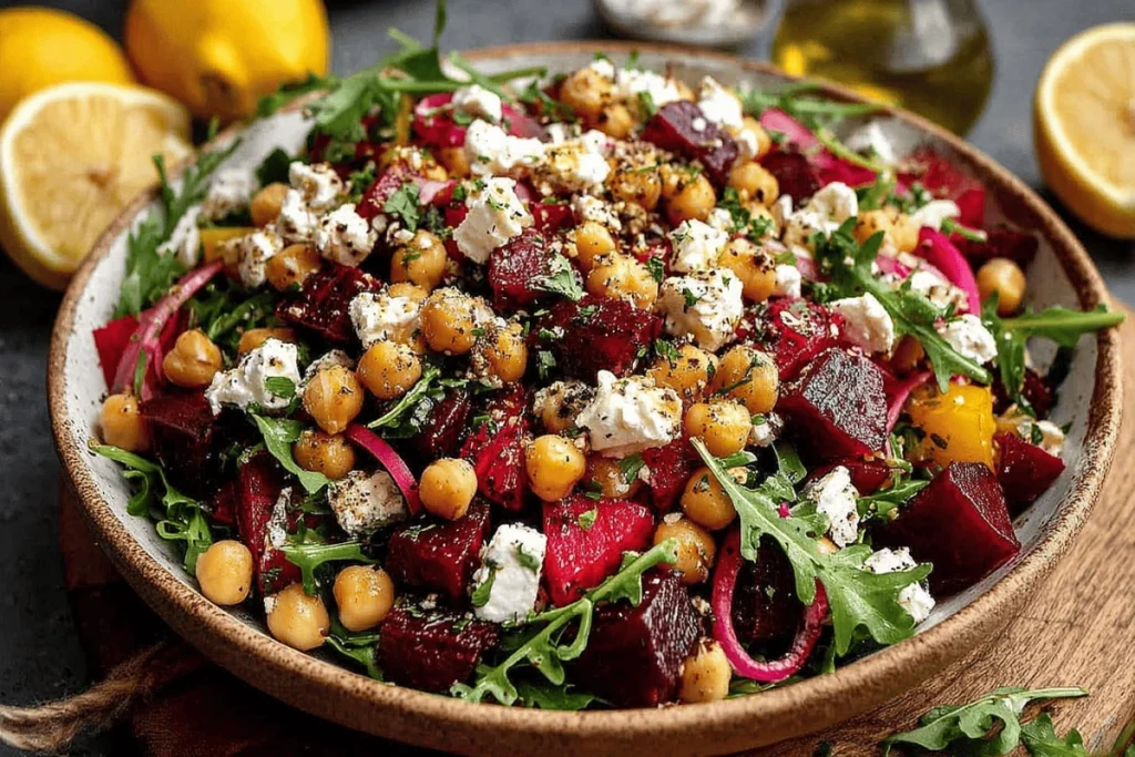 : Chickpea, beet, and feta salad with lemon-garlic vinaigrette in a rustic bowl