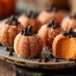 pumpkin cheesecake truffles no-bake dessert with sugar coating and chocolate chip stems on plate